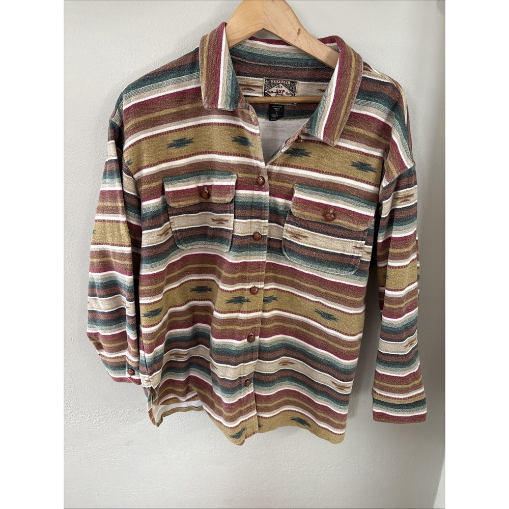 VTG 90's Express Jeans Aztec Southwest Print LS Flannel Button Up Shirt - L